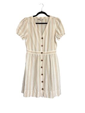 LOFT Petite Linen Blend Striped Dress Button Front Beige 6P